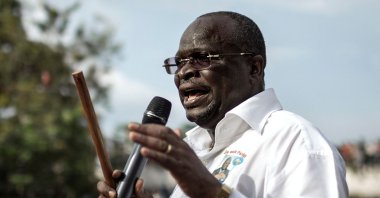 The former interim president of the Congolese Movement for Democracy and Integral Development (MCDDI), Guy-Brice Parfait Kolelas, addresses his supporters in Brazzaville ahead of the 2016 presidential elections, Brazzaville, Congo, Africa, March 17, 2016.  (AFP Photo)