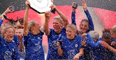 Chelsea's captain Magdalena Eriksson and English defender Millie Bright lift the English FA Women's Community Shield trophy at Wembley Stadium, London, Britain, Aug. 29, 2020. (AFP Photo)