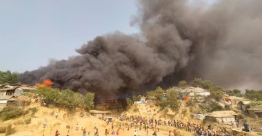 A fire is seen at a Balukhali refugee camp in Cox's Bazar, Bangladesh March 22, 2021 in this picture obtained from social media. (Rohingya Right Team/Md Arakani/via Reuters)