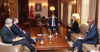 Foreign Minister of Turkey Mevlüt Çavuşoğlu (C) meets with United Nation's special envoy Jane Holl Lute (2nd R), in Ankara, Turkey, March 22, 2021. (AA)