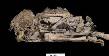 A handout picture provided by the Israeli Antiquities Authority on March 16, 2021, shows a picture taken on Nov. 21, 2019, of a 6,000-year-old mummified skeleton of a child excavated from a cave in the Judean Desert. (AFP Photo / Israel Antiquities Authority)