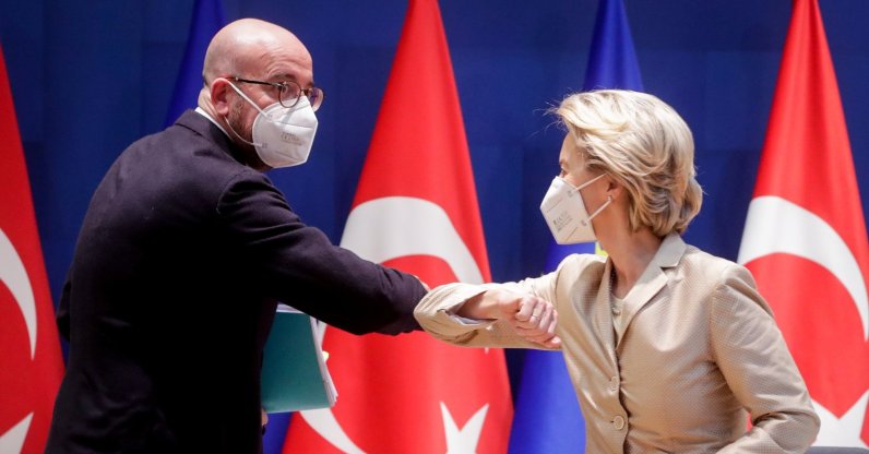 European Commission President Ursula von der Leyen elbow bumps with EU Council President Charles Michel at the start of a video call with President Recep Tayyip Erdoğan (not pictured) in Brussels, Belgium, March 19, 2021. (Reuters Photo)