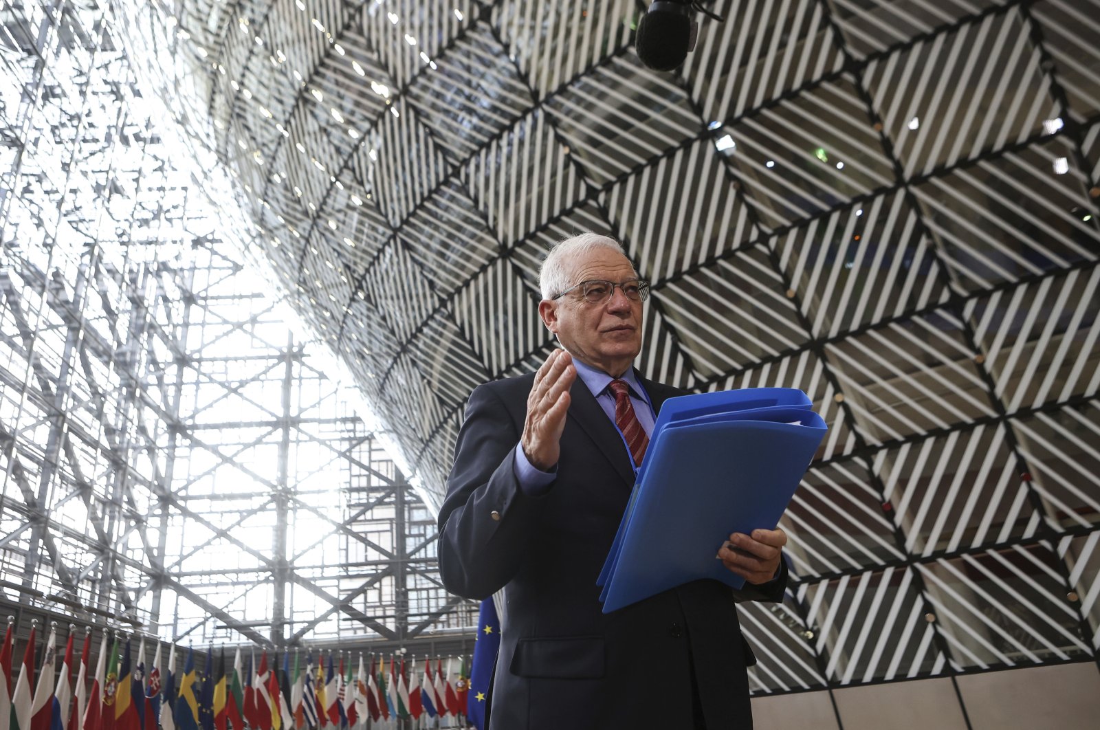 European Union foreign policy chief Josep Borrell speaks to the media prior to a meeting of European ministers of foreign affairs, at the European Council headquarters in Brussels, Belgium, March 22, 2021. (AP)