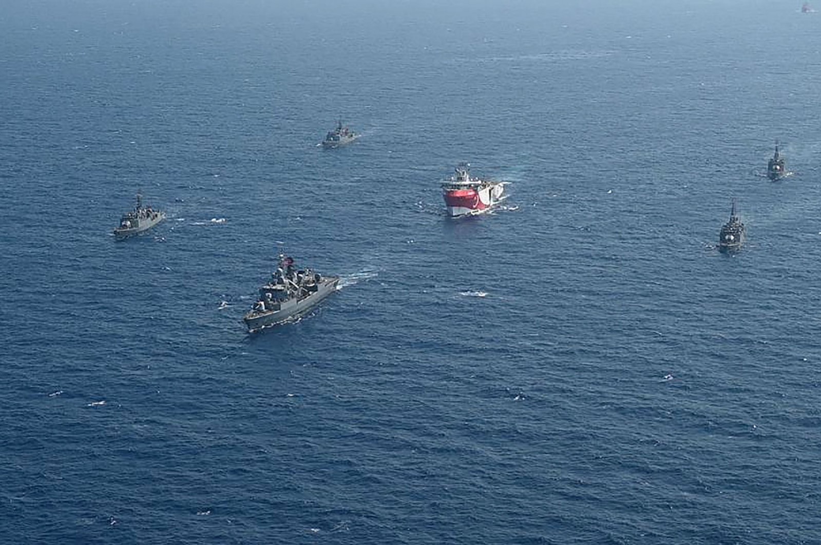 The Turkish seismic research vessel Oruç Reis is escorted by Turkish naval ships in the Mediterranean Sea off Antalya, Turkey, Aug. 10, 2020. (AFP Photo)