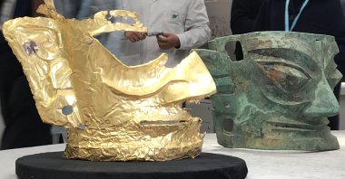A broken gold mask unearthed from a sacrificial pit, dating back 3,200 to 4,000 years, at the Sanxingdui Ruins site in Guanghan, Sichuan province, China, March 20, 2021. (Getty Images)