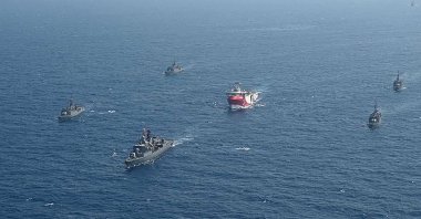 The Turkish seismic research vessel Oruç Reis is escorted by Turkish naval ships in the Mediterranean Sea off Antalya, Turkey, Aug. 10, 2020. (AFP Photo)