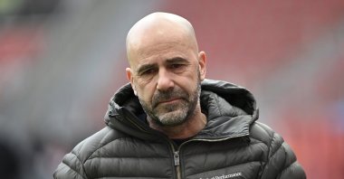 Leverkusen coach Peter Bosz before a Bundesliga match against Arminia Bielefeld in Leverkusen, Germany, March 14, 2021. (AP Photo)