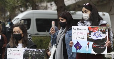 Representatives from non-governmental organizations (NGOs), including the Humanitarian Relief Organization (IHH) and the Memur-Sen Trade Union, protest the Republic of Kosovo opening an embassy in Jerusalem, in front of the Kosovo Embassy in Ankara, Turkey, March 23, 2021. (AA)
