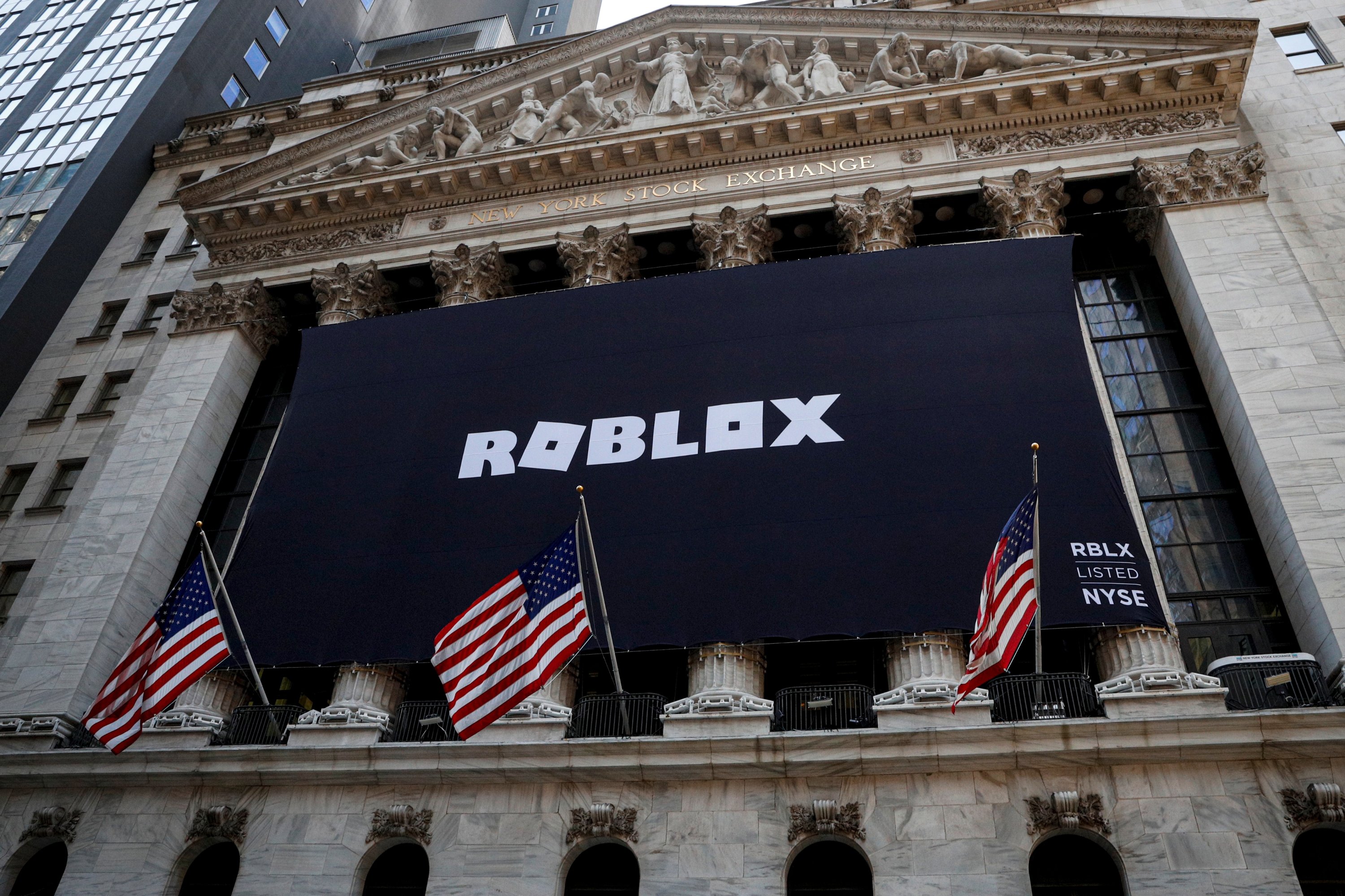The Roblox logo is displayed on a banner, to celebrate the company's IPO, on the front facade of the New York Stock Exchange (NYSE) in New York, U.S., March 10, 2021. (Reuters Photo)