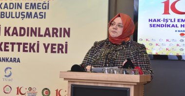 Turkey's Family, Labor and Social Services Minister Zehra Zümrüt Selçuk talks at the 10th International Women's Labor Meeting, organized by the HAK Worker Unions Confederation (HAK-IŞ), in Ankara, Turkey, March 8, 2021. (DHA)