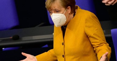 German Chancellor Angela Merkel gestures as she arrives for question time at the Bundestag (lower house of Parliament) in Berlin, Germany, March 24, 2021. (AFP Photo)