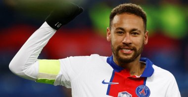 French football club Paris Saint Germain's Neymar gestures in a French Cup Round of 64 game against Caen at Stade Michel d'Ornano, Caen, France, Feb. 10, 2021. (Reuters Photo)