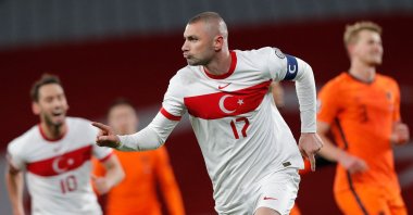 Turkey forward Burak Yılmaz celebrates scoring his second goal against The Netherlands during their FIFA World Cup Qatar 2022 qualification Group G match at the Atatürk Olympic Stadium, Istanbul, Turkey, March 24, 2021. (AFP Photo)