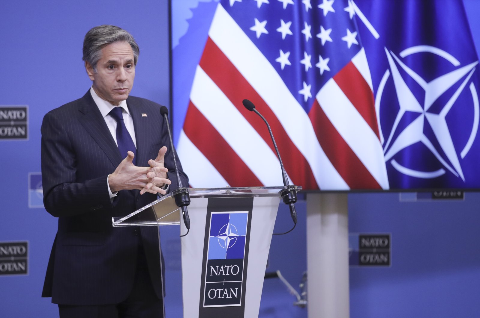 U.S. Secretary of State Antony Blinken speaks during a news conference at the end of a NATO Foreign Affairs Ministers meeting at NATO headquarters in Brussels, March 24, 2021. (AP Photo)