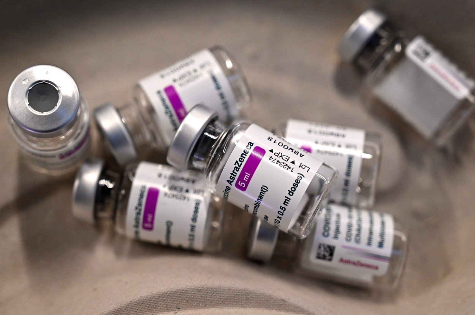 Used vials of the AstraZeneca/Oxford vaccine are pictured at a COVID-19 vaccination center at at the Wanda Metropolitano stadium in Madrid, Spain, March 24, 2021. (AFP Photo)