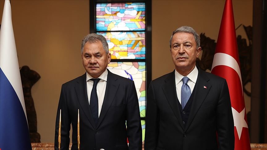 Russian Defense Minister Sergei Shoigu (L) with Turkish Defense Minister Hulusi Akar, in the capital Ankara, Turkey, March 11, 2020. (AA Photo)