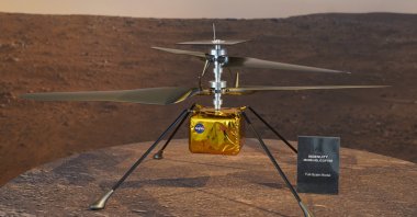 This Feb. 17, 2021, file photo shows a full-scale model of the Ingenuity helicopter displayed for the media at NASA's Jet Propulsion Laboratory in Pasadena, California, U.S. (AP Photo)