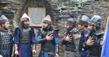 Youngsters wearing costumes inspired by "Resurrection Ertuğrul" act out a scene for their "Pakistani Ertuğrul," Swat, Pakistan, March 25, 2021. (AA Photo)