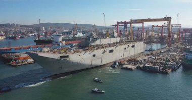 The TCG Anadolu is docked at the Sedef Shipyard in Tuzla, Istanbul, Turkey, Feb. 3, 2020. (DHA Photo)