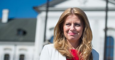 Newly elected Slovak President Zuzana Caputova speaks to a journalist in front of the Presidential Palace in Bratislava, Slovakia, March 31, 2019. (AFP Photo)