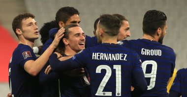 French midfielder Antoine Griezmann (C) celebrates after scoring the opening goal during the 2022 FIFA World Cup qualification UEFA Group D match against Ukraine in Saint Denis, Paris, France, March 24, 2021. (EPA Photo)