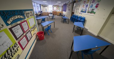 A classroom with safely spaced desks laid out before the possible reopening of Lostock Hall Primary school in Poynton near Manchester, U.K., May 20, 2020. (AP Photo)