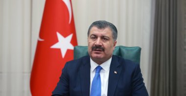 Health Minister Fahrettin Koca speaks during a videoconference in Ankara on Mar. 25, 2021 (AA Photo)