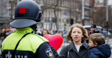 Police start clearing the area from protesters on the Museumplein during a demonstration against mayor Halsema, Amsterdam, the Netherlands, March 21, 2021. (EPA Photo)