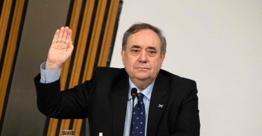 The former Scottish National Party leader and former first minister of Scotland, Alex Salmond, is sworn in before giving evidence to The Committee on the Scottish Government Handling of Harassment Complaints examining the government's handling of harassment allegations against him at Holyrood in Edinburgh, Scottland, Feb. 26, 2021. (AFP)