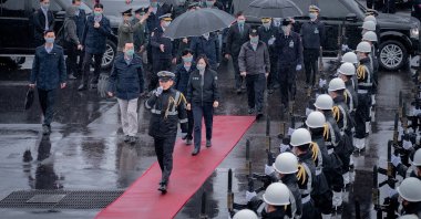 A handout photo made available by the Taiwan Presidential office shows President Tsai Ing-wen (C) arriving during her visit to a Naval base in Keelung, Taiwan, March 8, 2021. (EPA Photo)