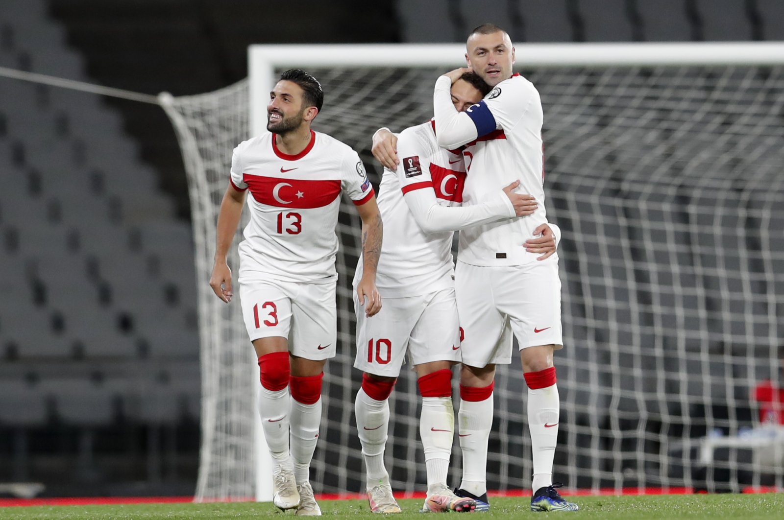 Turkey players celebrate a goal during a World Cup 2022 qualifying match against the Netherlands at the Atatürk Olympic Stadium, in Istanbul, Turkey, March 24, 2021. (AP Photo)