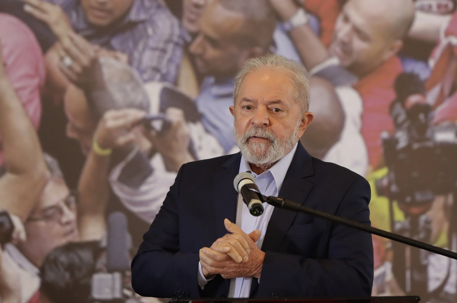 Former Brazilian President Luiz Inacio Lula da Silva speaks at the Metalworkers Union headquarters in Sao Bernardo do Campo, Sao Paulo state, Brazil, March 10, 2021. (AP Photo)