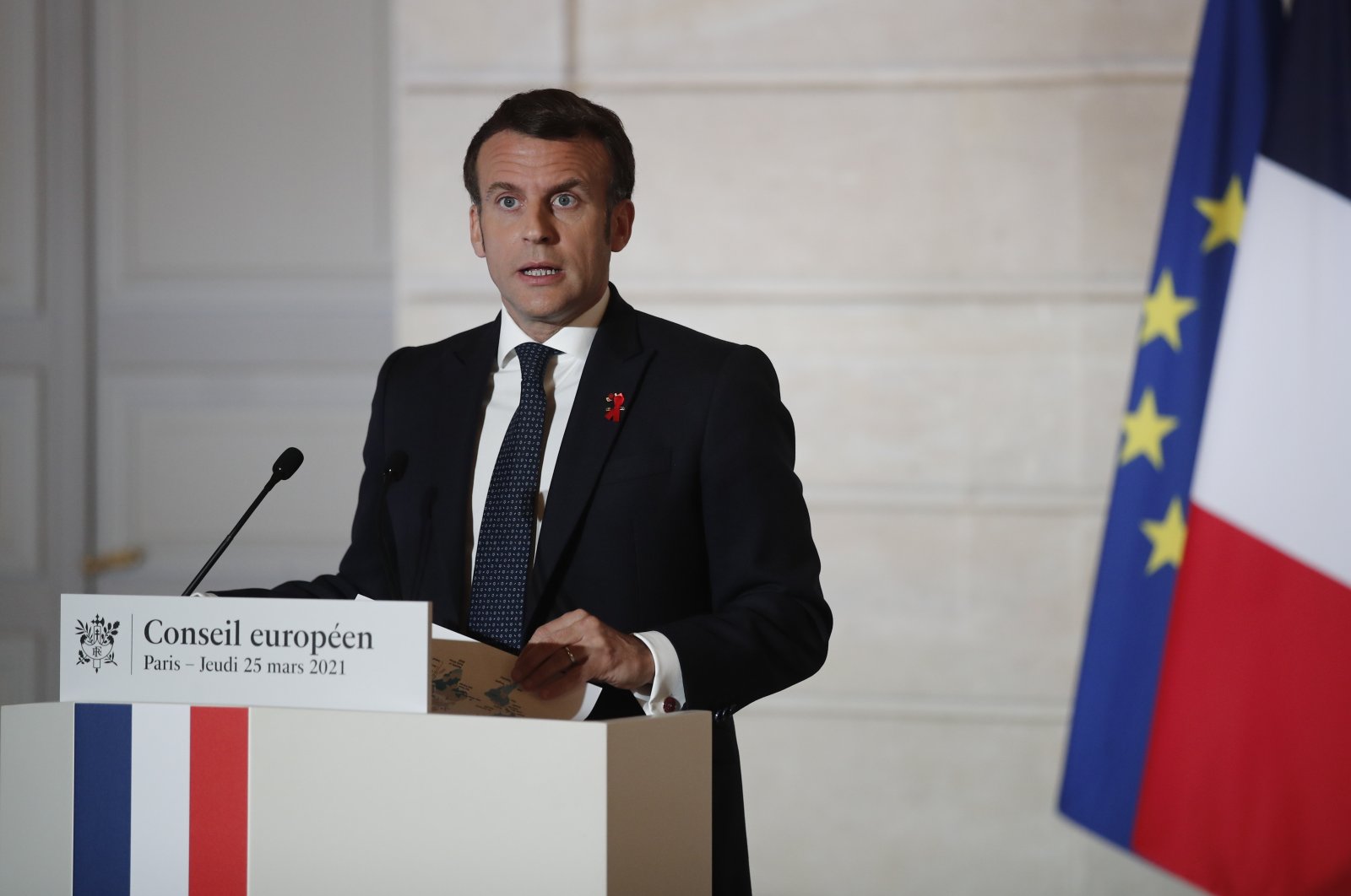 French President Emmanuel Macron speaks during a press conference after a European Council summit held over videoconference at the Elysee Palace in Paris, France, March 25, 2021.  (EPA Photo)