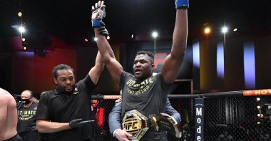 Cameroon's Francis Ngannou celebrates after his victory over Stipe Miocic in their UFC heavyweight championship fight during the UFC 260, at UFC APEX, Las Vegas, Nevada, U.S., March 27, 2021 (Reuters Photo)