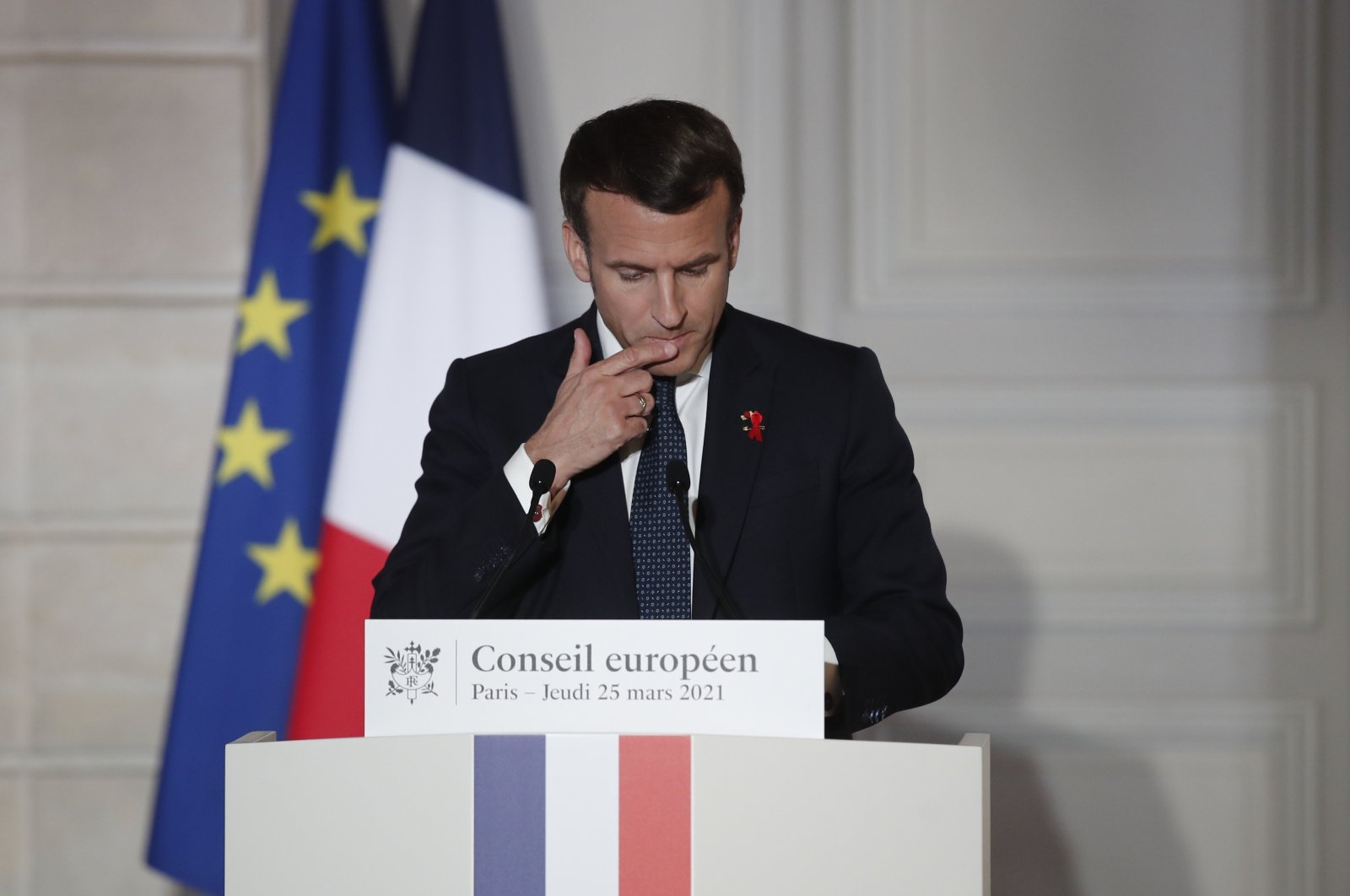 French President Emmanuel Macron speaks during a press conference after a European Council summit held over videoconference at the Elysee Palace, Paris, France, March 25, 2021. (EPA Photo)