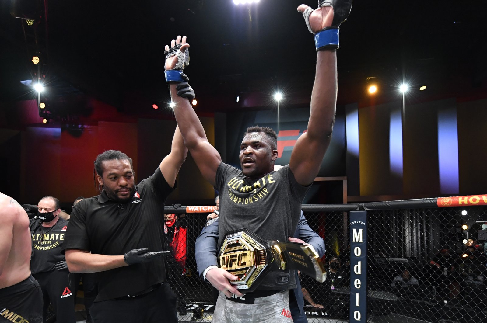 Cameroon's Francis Ngannou celebrates after his victory over Stipe Miocic in their UFC heavyweight championship fight during the UFC 260, at UFC APEX, Las Vegas, Nevada, U.S., March 27, 2021 (Reuters Photo)