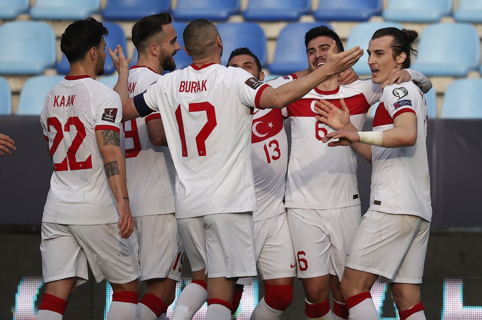 Turkish national team players celebrate a goal against Norway in the 2022 FIFA World Cup Europe Qualification Group G match at the La Rosaleda Stadium in Malaga, Spain, March 27, 2021. (AA photo).