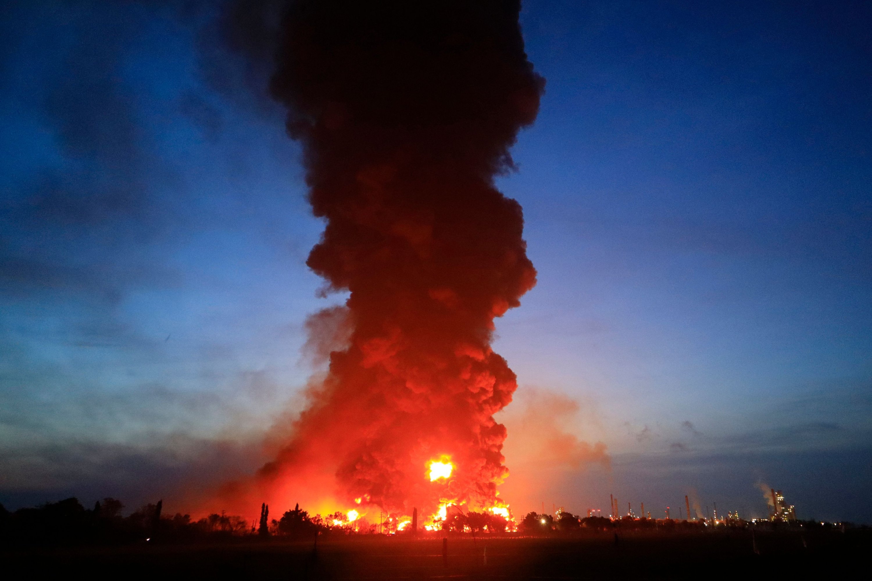 A massive fire rages at the Balongan refinery, operated by state oil company Pertamina, Indramayu, West Java, March 29, 2021. (AFP Photo)