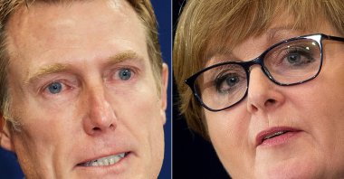 Australian then-Attorney General Christian Porter (L) at a press conference in Perth, Australia on March 3, 2021, and Australian then-Defense Minister Linda Reynolds (R) at a press conference with the U.S. State Department following the 30th AUSMIN, Washington, D.C., U.S., July 28, 2020. This combination of file photos was created on March 29, 2021. (AFP Photo)