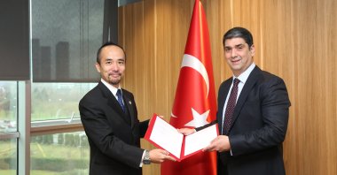 Turkey Development and Investment Bank (TKYB) General-Director Ibrahim Öztop (R) and Japan Bank for International Cooperation (JBIC) Istanbul Representative Ryuta Suzuki are seen in this photo provided on March 29, 2021. (Courtesy of TKYB)