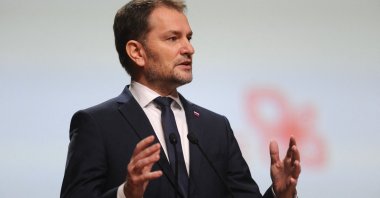 Slovakia's Prime Minister Igor Matovic speaks during a Visegrad Group (V4) meeting in Krakow, Poland, Feb. 17, 2021. (AFP Photo)