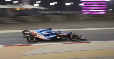 Alpine driver Fernando Alonso of Spain steers his car during the qualifying session for the Bahrain Formula One Grand Prix, at the Bahrain International Circuit in Sakhir, Bahrain, March 27, 2021. (AP Photo)