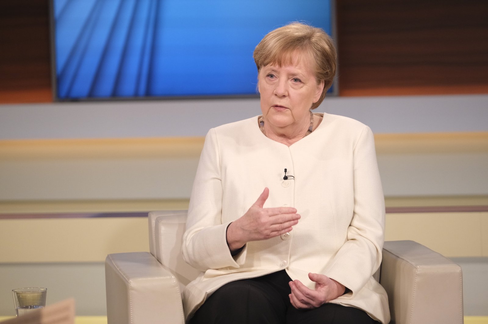 German Federal Chancellor Angela Merkel speaking on the 'Anne Will' talk show, broadcast on ARD's Das Erste channel, Berlin, Germany, March 28, 2020. (EPA Photo)