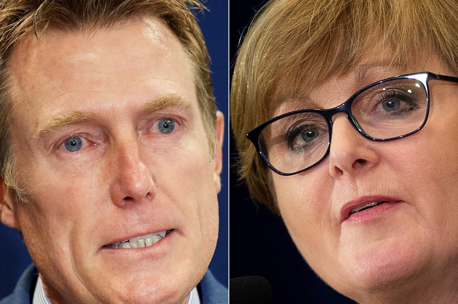 Australian then-Attorney General Christian Porter (L) at a press conference in Perth, Australia on March 3, 2021, and Australian then-Defense Minister Linda Reynolds (R) at a press conference with the U.S. State Department following the 30th AUSMIN, Washington, D.C., U.S., July 28, 2020. This combination of file photos was created on March 29, 2021. (AFP Photo)