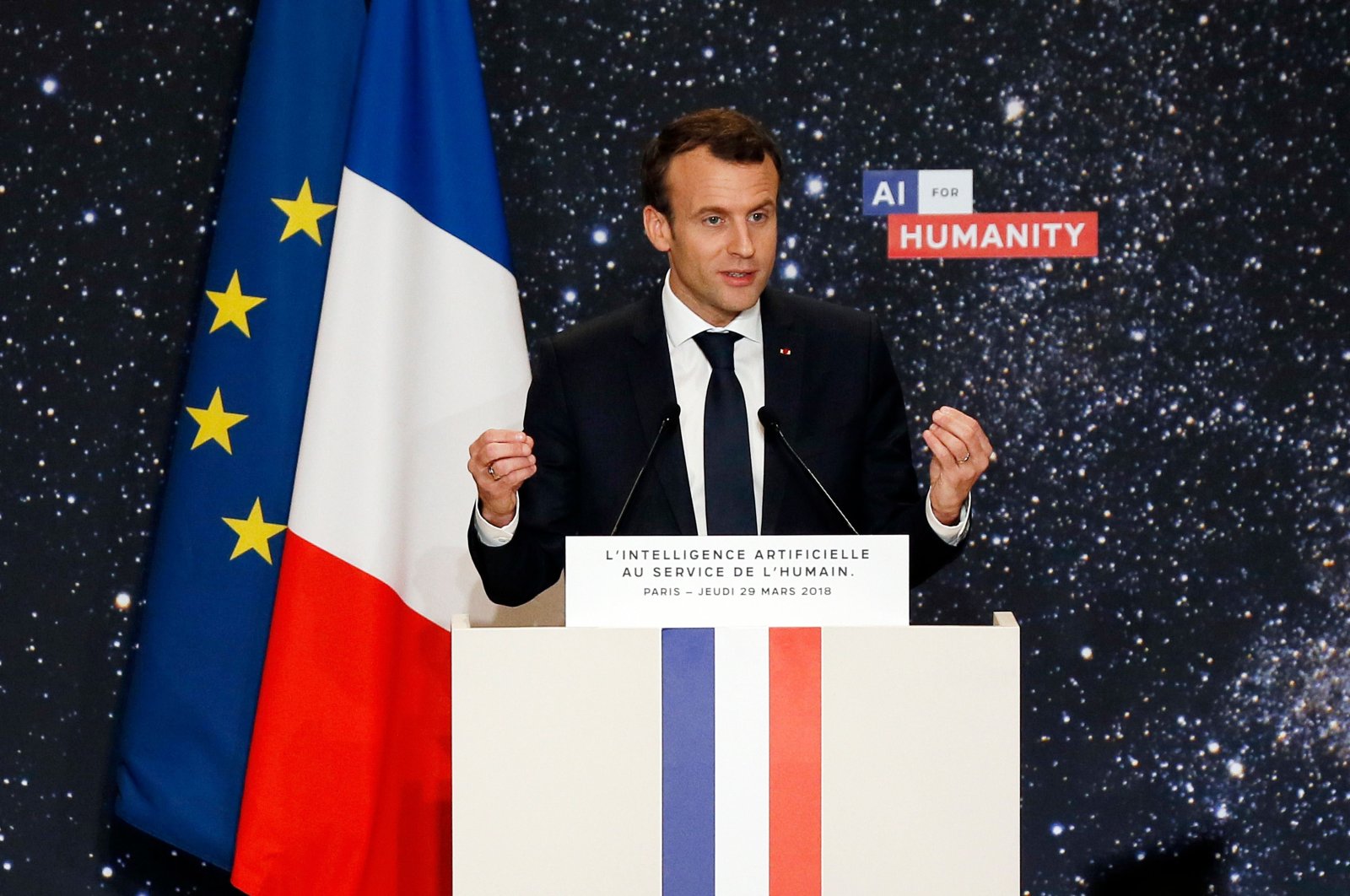 French President Emmanuel Macron gestures as he delivers a speech during the "Artificial Intelligence for Humanity" event in Paris, France, March 29, 2018. (AFP Photo)