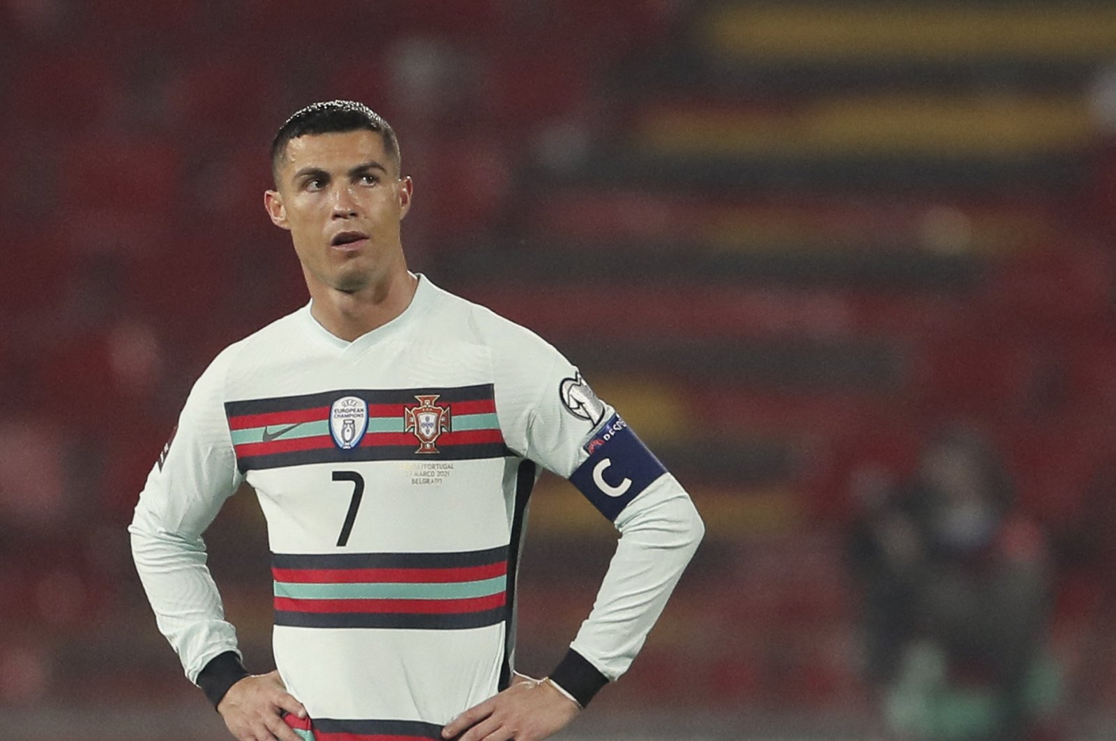 Portugal's forward Cristiano Ronaldo reacts at the end of the FIFA World Cup Qatar 2022 qualification Group A football match between Serbia and Portugal at the Rajko Mitic Stadium, in Belgrade, Serbia, March 27, 2021. (AFP Photo)