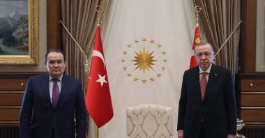 Presiden Recep Tayyip Erdoğan with Turkic Council's General-Secretariat Baghdad Amreyev in Presidential Complex, Ankara, Turkey, March 30, 2021. (AA) 