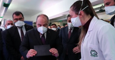 Industry and Technology Minister Mustafa Varank on the sidelines of the opening ceremony of Nanografi's new graphene production plant, Ankara, Turkey, March 30, 2021. (Industry and Technology Ministry Photo via AA)