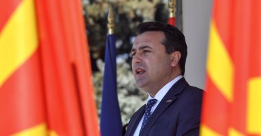Macedonian Prime Minister Zoran Zaev addresses the soldiers during the ceremony marking one year since North Macedonia NATO membership in Skopje, Republic of North Macedonia, March 27, 2021. (EPA)