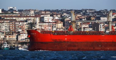 A commercial vessel sails through the Bosporus, on its way to the Black Sea, in Istanbul, Turkey, April 7, 2020. (Reuters Photo)
